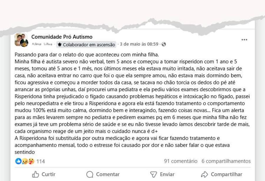 Mãe faz alerta sobre intoxicação hepática do filho associada ao risperidona
