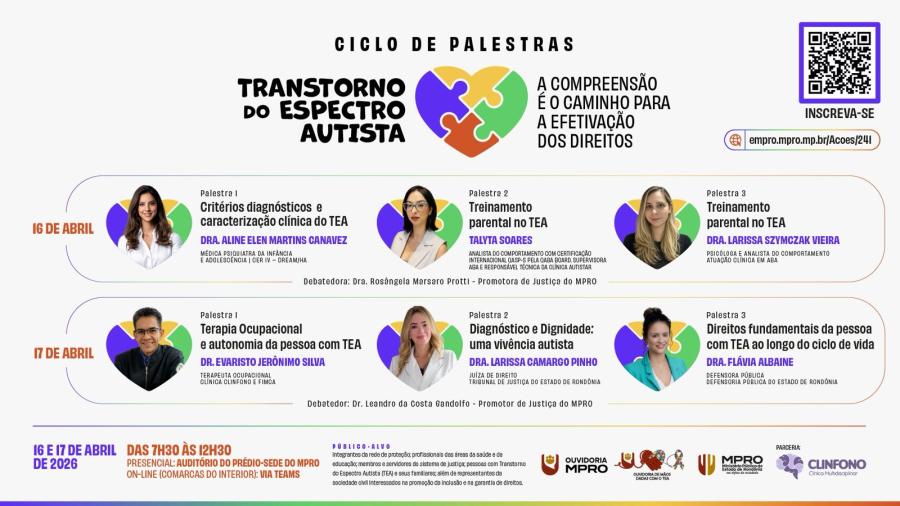 Inscrições para ciclo de palestras sobre autismo do MPRO terminam nesta terça